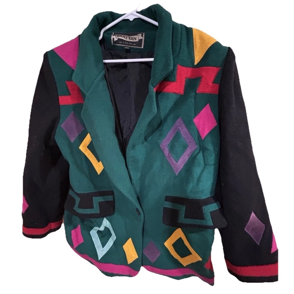 Vintage Braetan Multi Colored Crazy Print Abstract Wool Coat Jacket Size Medium